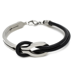 Stainless Steel and Black Leather Bracelet